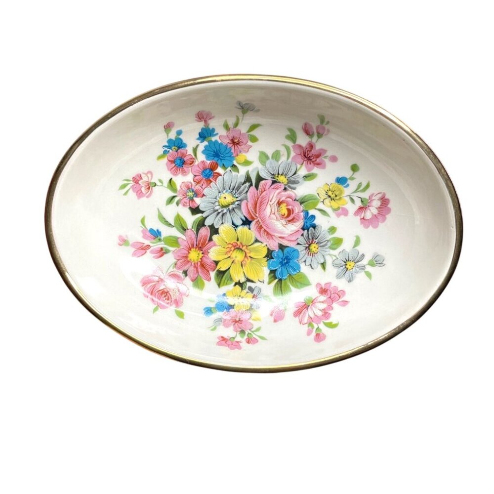 Vintage Fiorentine Floral Oval Porcelain Dish with Gold Trim Made in Italy